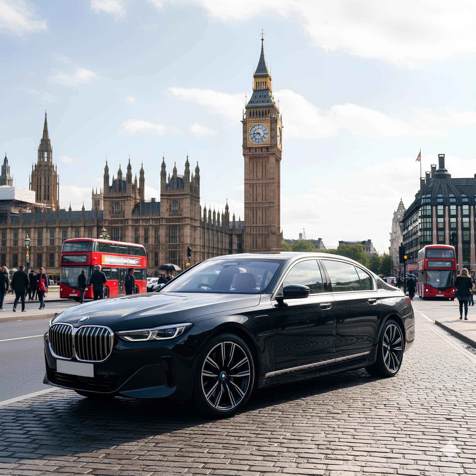 A black BMW saloon parked near Big Ben and the Houses of Parliament